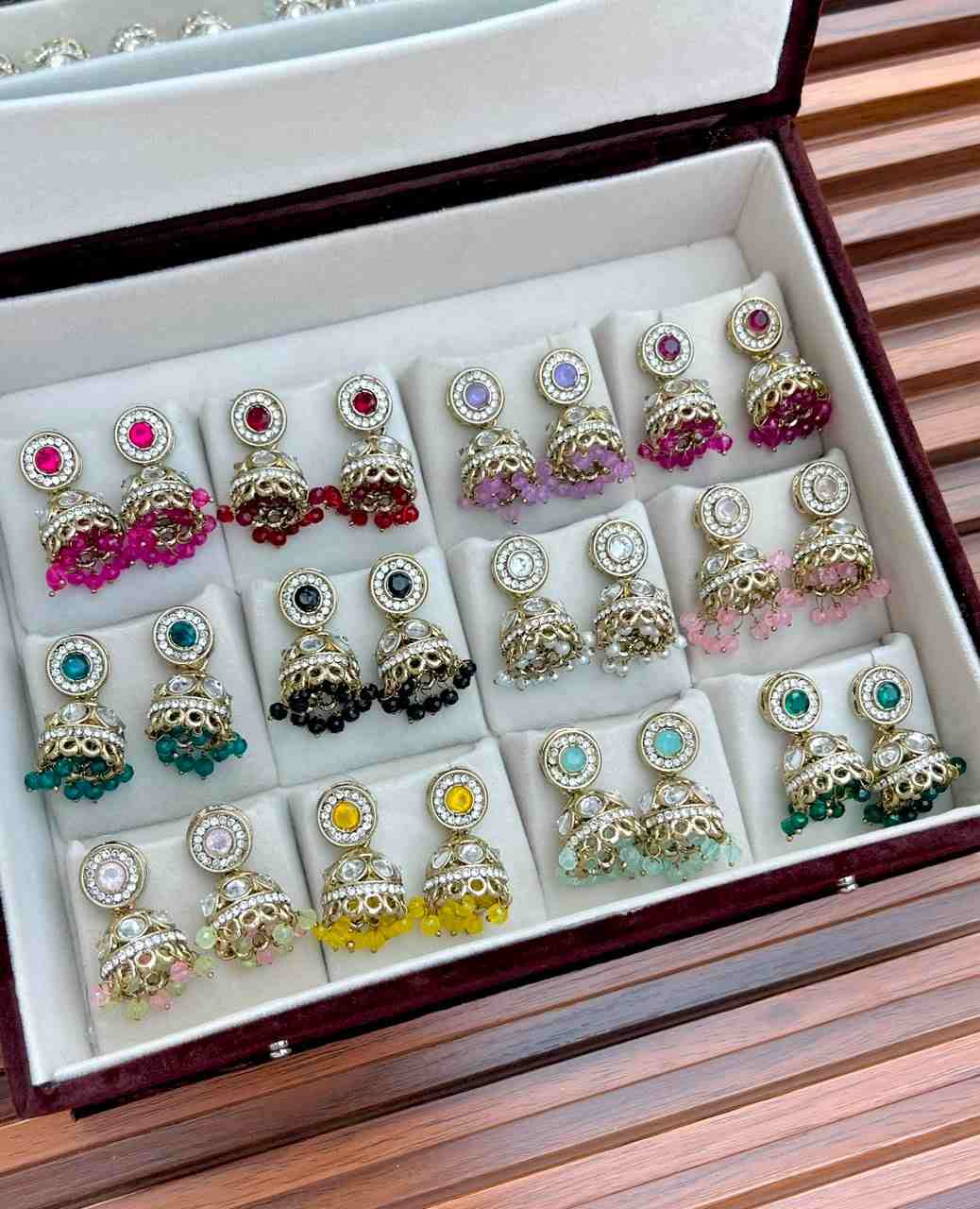 Beautiful Premium Quality 12 Pairs Different Colour Small Jhumka Mirror Box….